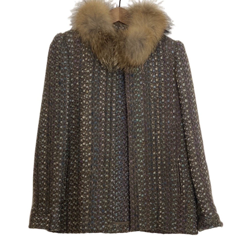 Vintage Wool Jacket Women Medium Brown Blue Wool Tweed Fur Trim Short Swing Coat